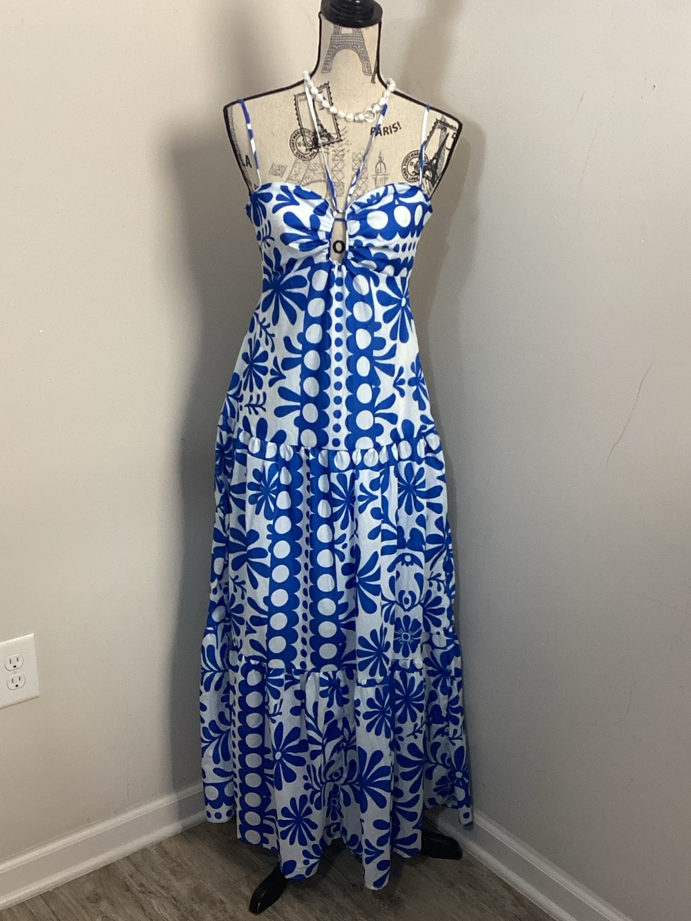 Crystal Doll Blue & White Spaghetti-Strap Maxi Backless Dress NWOT